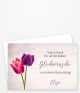 Dankeskarte mit lebendig frischen Tulpenblüten in Rot und Lila für die Platzierung Ihrer Gäste.