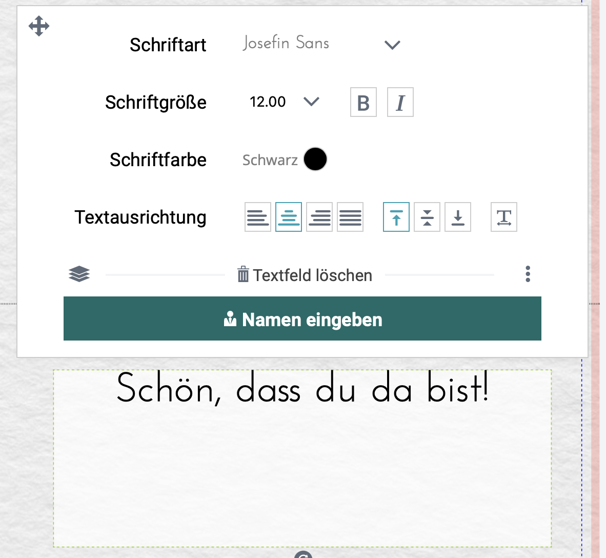 Tischkarten Schrift und Schriftfarbe anpassen