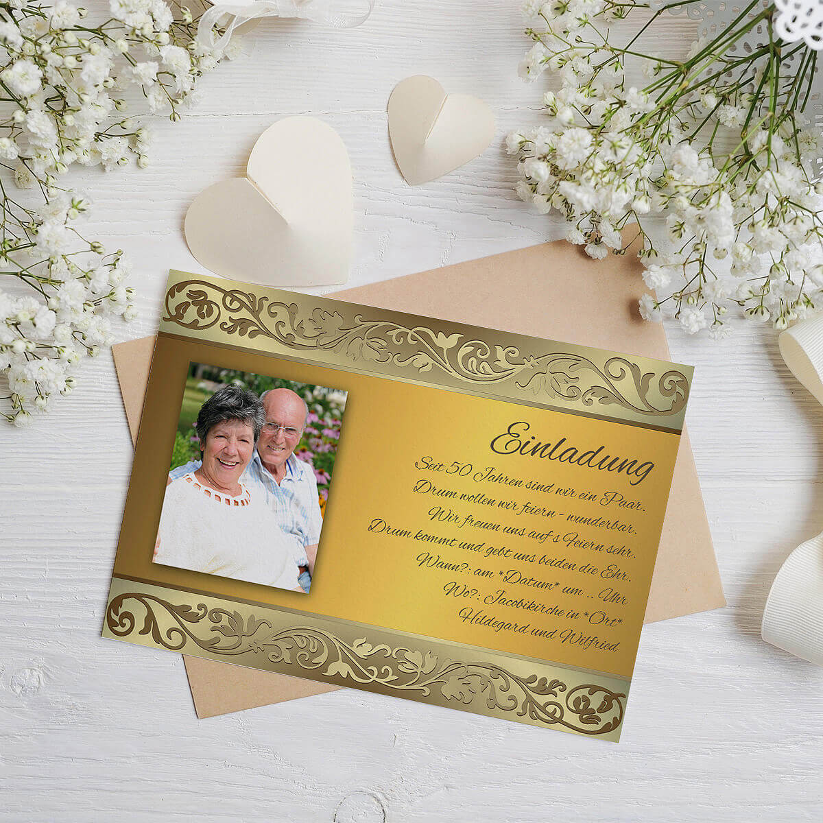 Fotokarte Einladung zur Goldenen Hochzeit mit Goldmuster