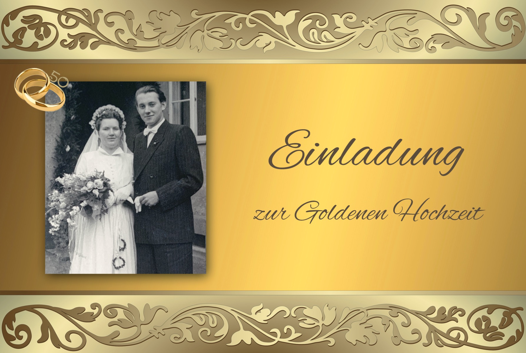 Einladungskarte zur Goldenen Hochzeit mit goldener Umrandung und Ringen