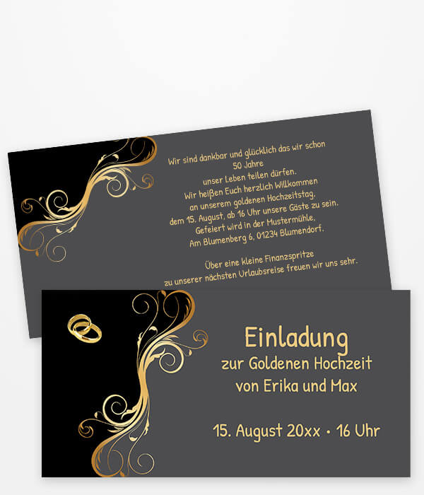 Einladungskarte für die goldene Hochzeit in anthrazit mit goldenem Ornament, ohne Foto mit persönlichem Text