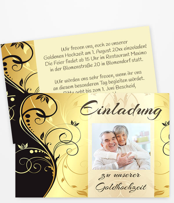 Einladung zur goldenen Hochzeit in schwarz-gold mit Foto und Text