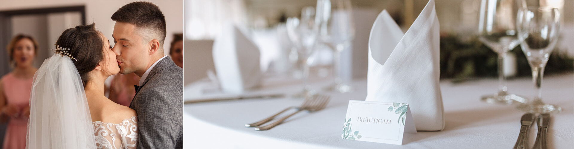 Tischkarten Hochzeit - gedeckter Tisch mit Tischkarte beschriftet mit Bräutigam und küssendem Brautpaar