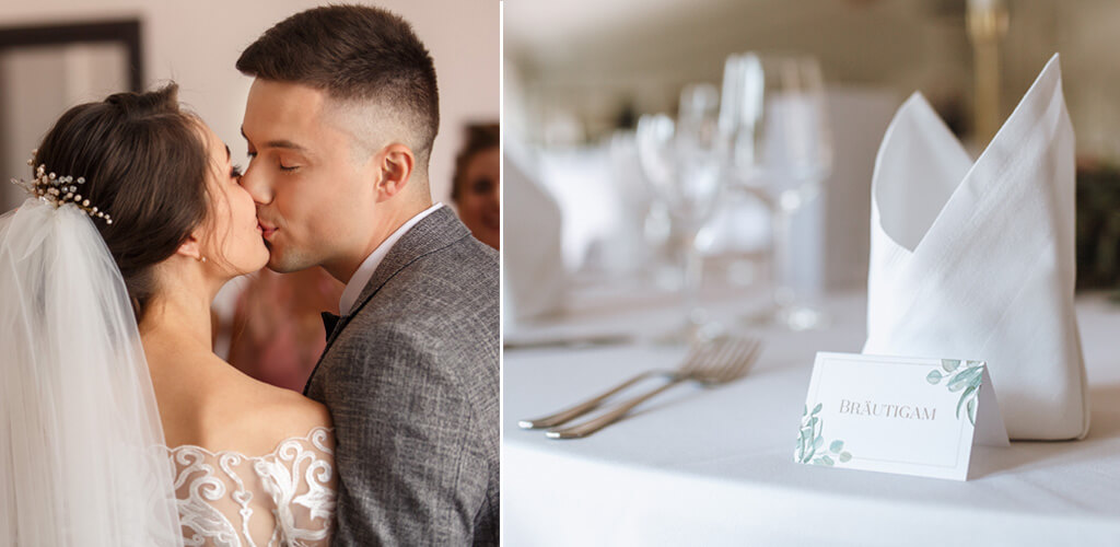 Tischkarten Hochzeit - gedeckter Tisch mit Tischkarte beschriftet mit Bräutigam und küssendem Brautpaar