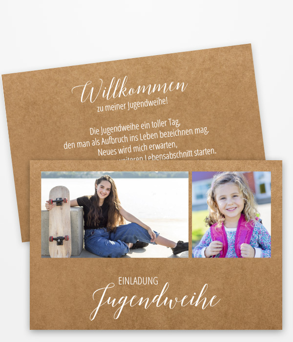 Einladungskarte zur Jugendweihe mit zwei Fotos und Text im Kraftpapier-Design