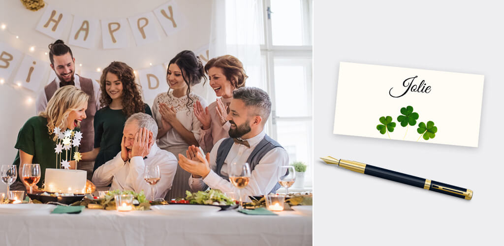 Tischkarten runder Geburtstag, Frau feiert bekommt Geschenk, Luftballons, gedeckter Tisch und Tischkarte