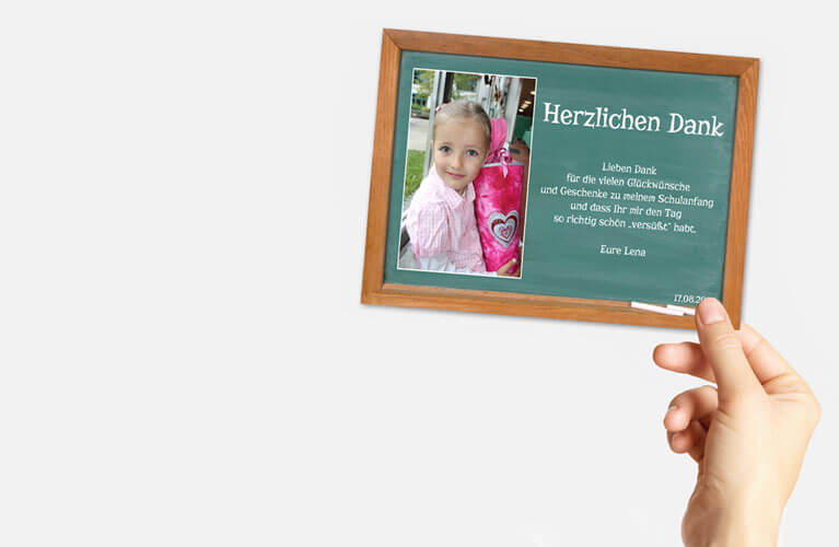 Dankeskarten Schulanfang Schultafel mit eigenem Foto und Text