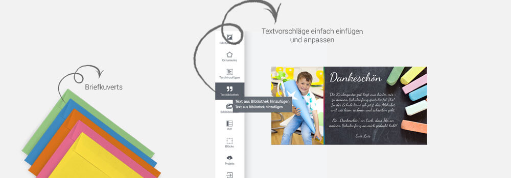Dankeskarten zur Einschulung mit Textvorschlägen zum Schulanfang und passende Briefkuverts