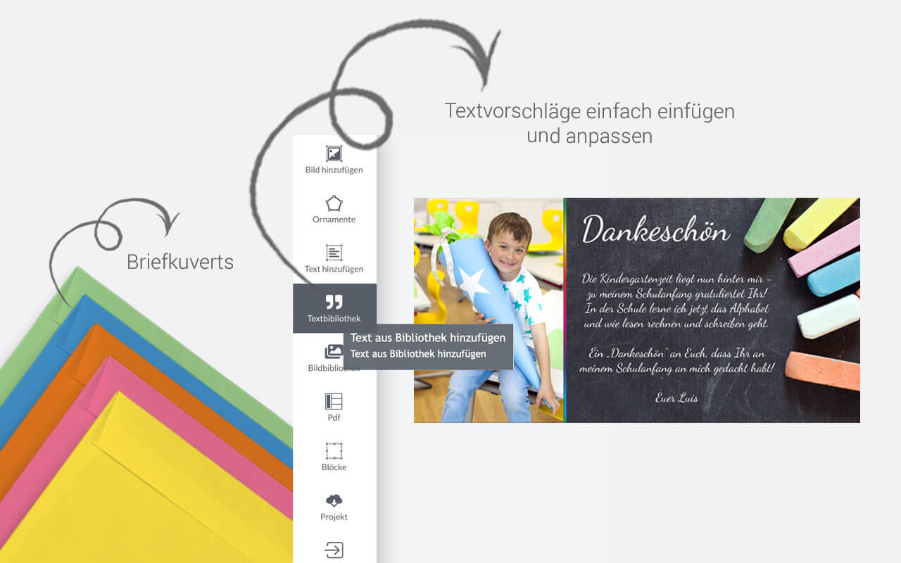 Dankeskarten zur Einschulung mit Textvorschlägen zum Schulanfang und passende Briefkuverts