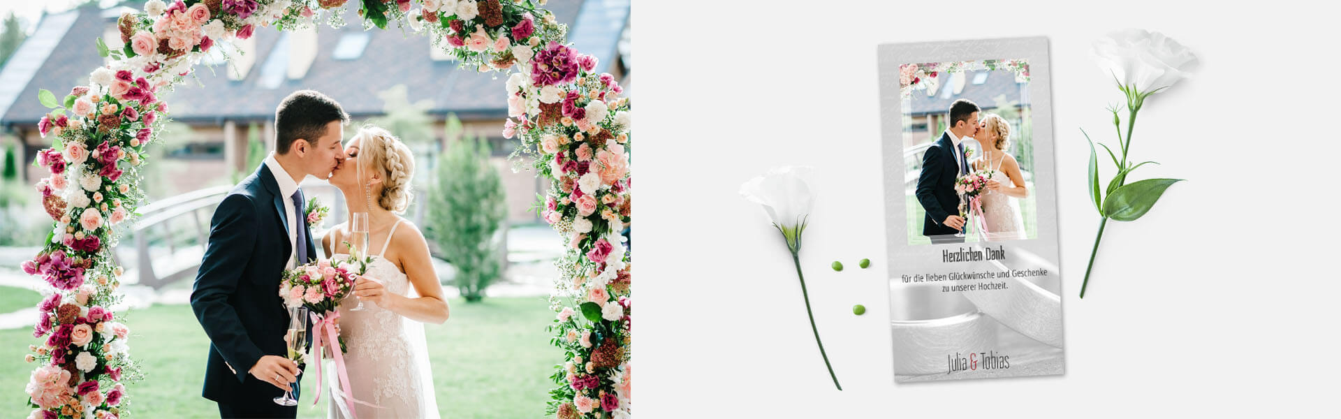 Dankeskarten zur Hochzeit mit Ringen, Rosen, Herzen