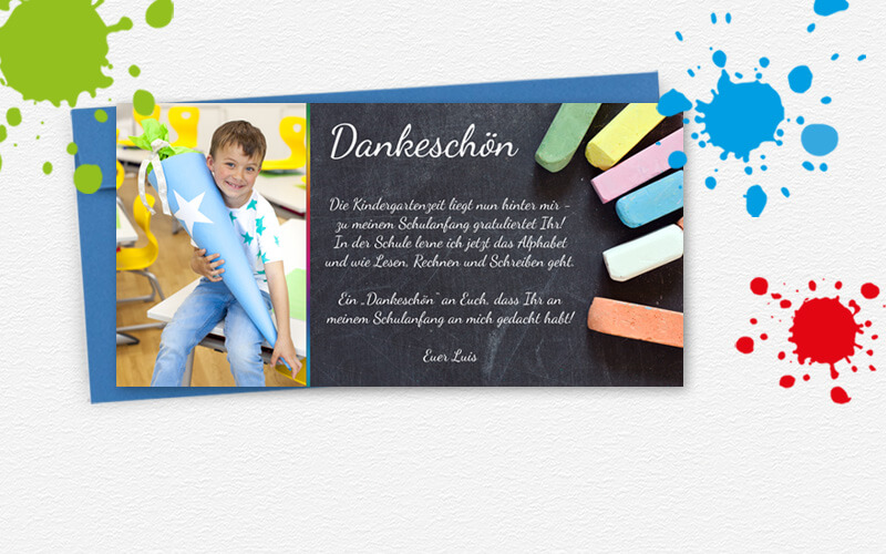 Schulanfang Dankeskarte mit Tafel, Kreide und Foto