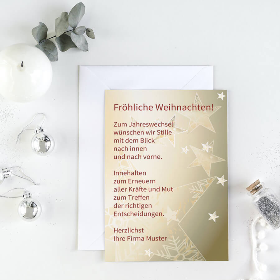 Weihnachtskarte Gold mit Sternen und Text